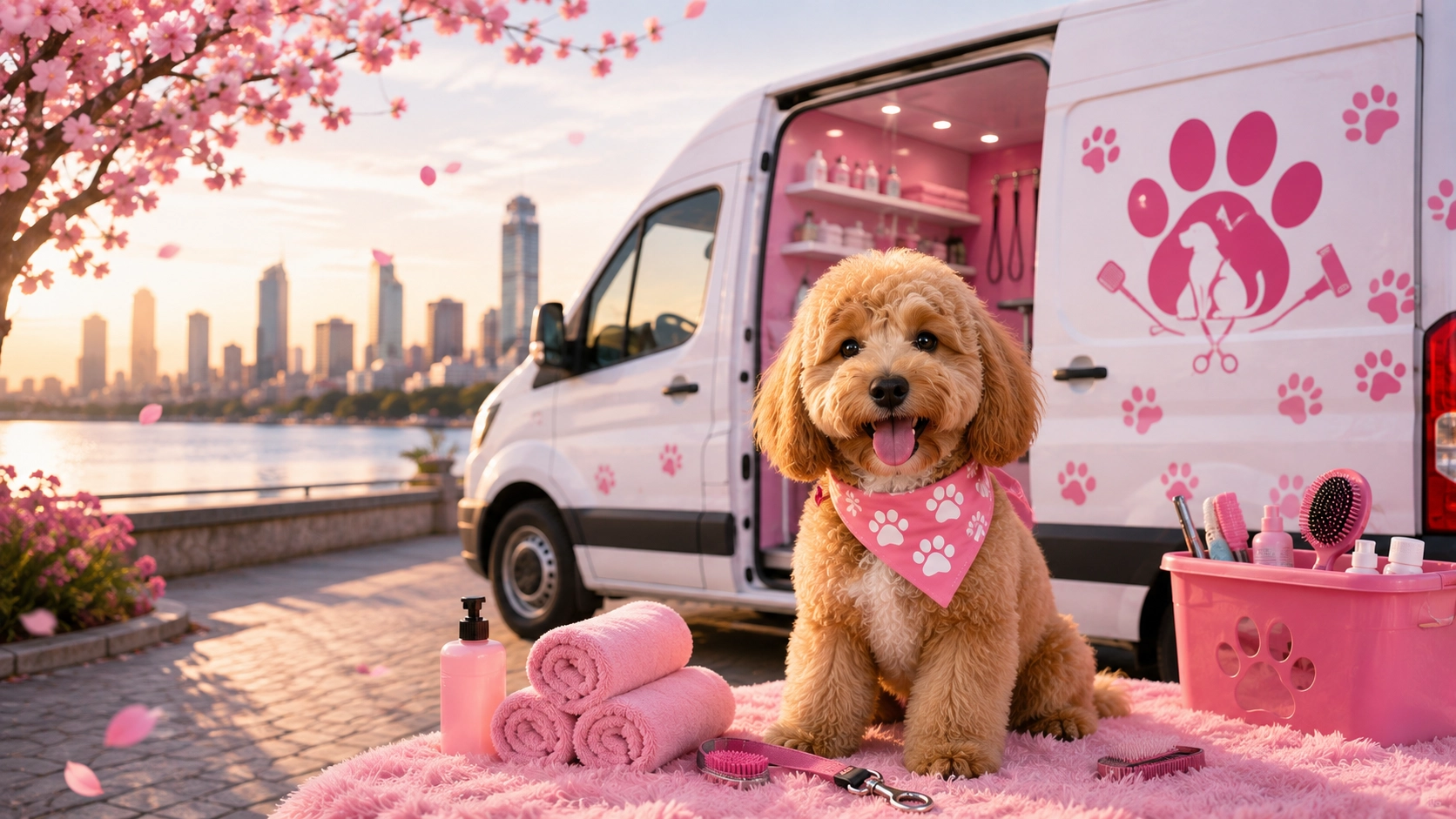 Pawz Parlour mobile grooming van with a happy dog
